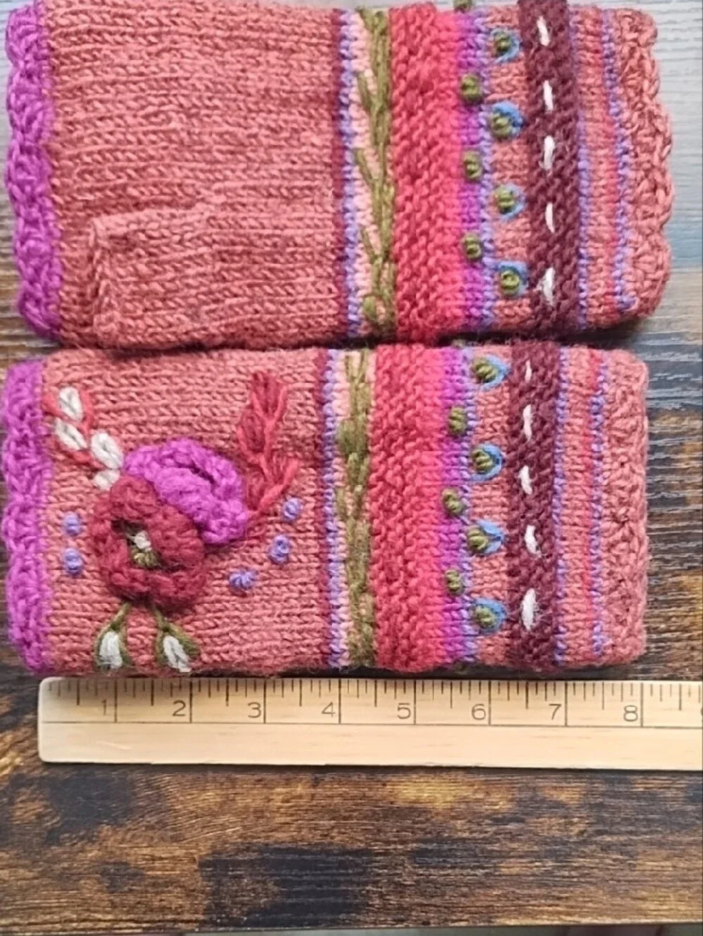 100% Wool Handwarmers Crochet Flowers Embroidery Fleece Lined Lassen Fair Trade